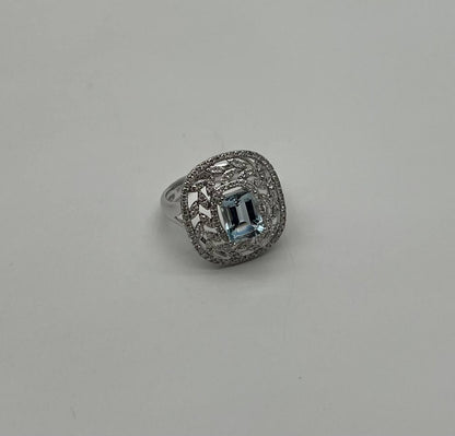 Rectangle Shape Blue Aquamarine & Diamond Halo Pave Set Leaf 14K White Gold Ring