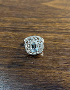 Rectangle Shape Blue Aquamarine & Diamond Halo Pave Set Leaf 14K White Gold Ring