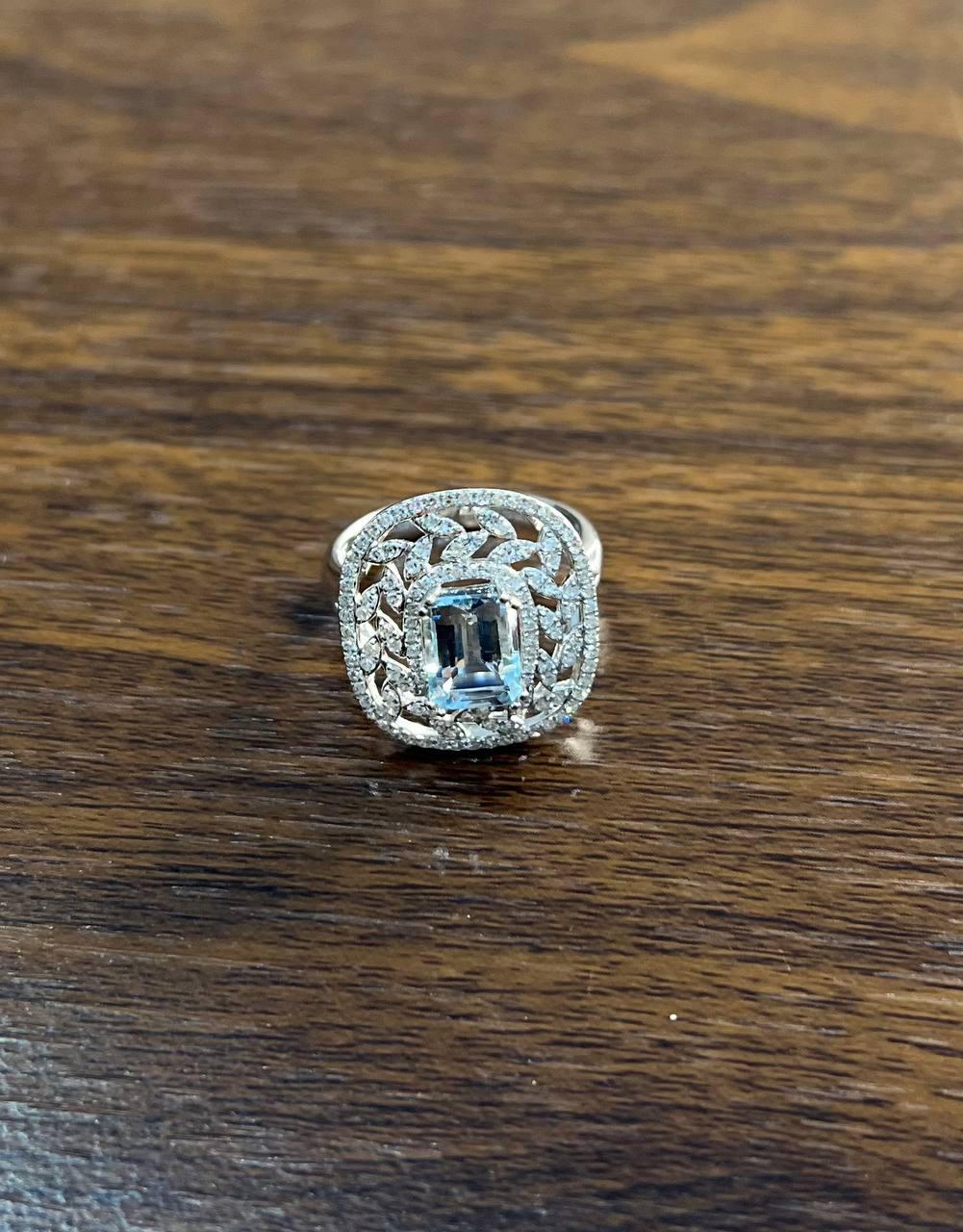 Rectangle Shape Blue Aquamarine & Diamond Halo Pave Set Leaf 14K White Gold Ring