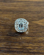 Rectangle Shape Blue Aquamarine & Diamond Halo Pave Set Leaf 14K White Gold Ring