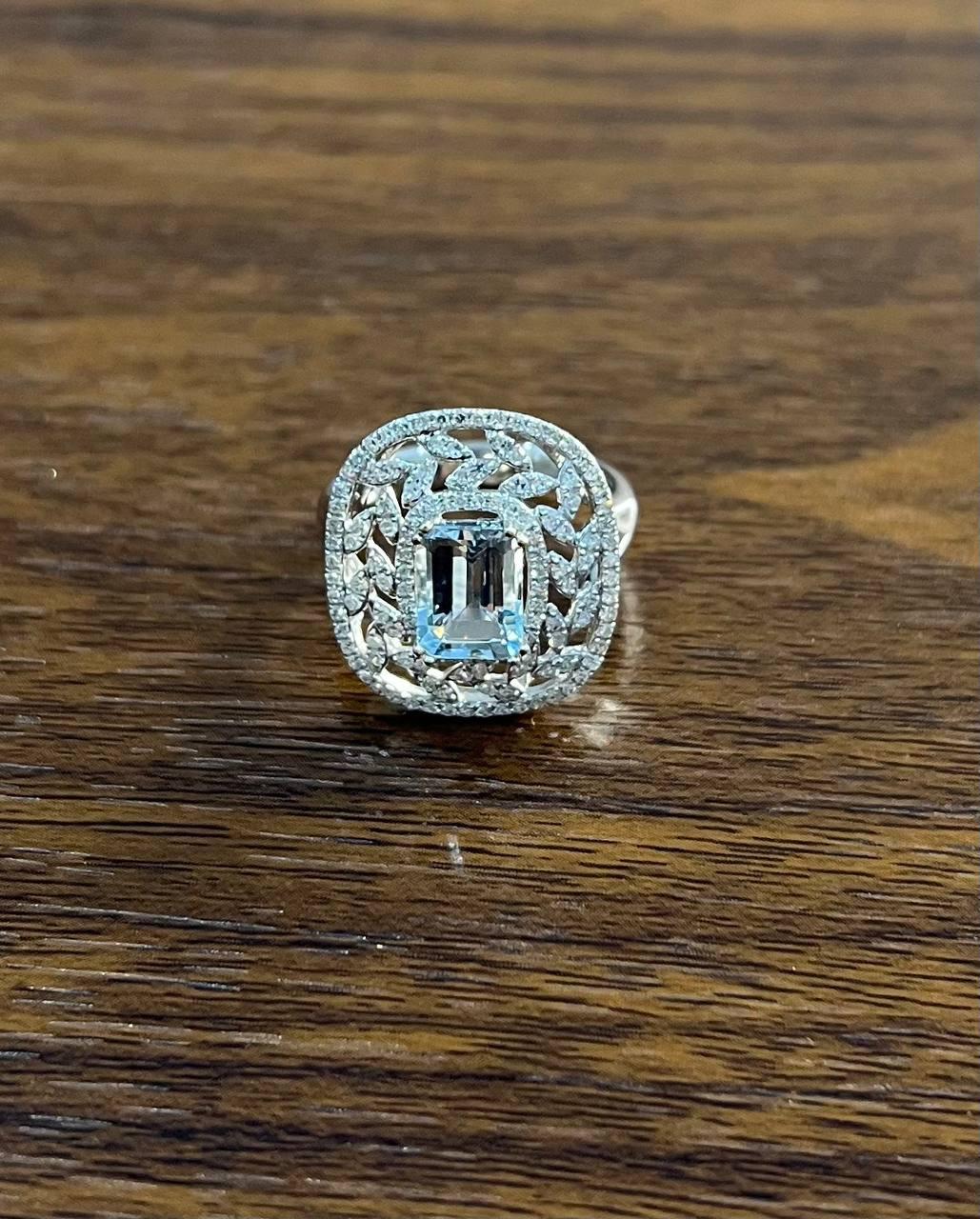 Rectangle Shape Blue Aquamarine & Diamond Halo Pave Set Leaf 14K White Gold Ring