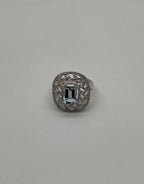 Rectangle Shape Blue Aquamarine & Diamond Halo Pave Set 14K White Gold Ring