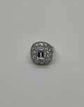 Rectangle Shape Blue Aquamarine & Diamond Halo Pave Set Leaf 14K White Gold Ring