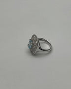 Rectangle Shape Blue Aquamarine & Diamond Halo Pave Set Leaf 14K White Gold Ring
