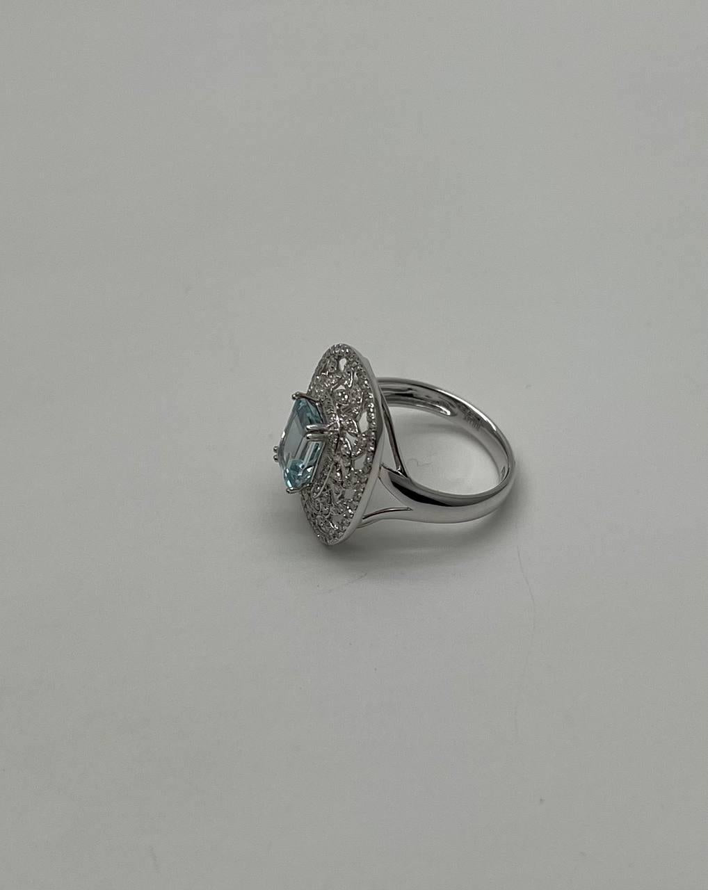 Rectangle Shape Blue Aquamarine & Diamond Halo Pave Set Leaf 14K White Gold Ring