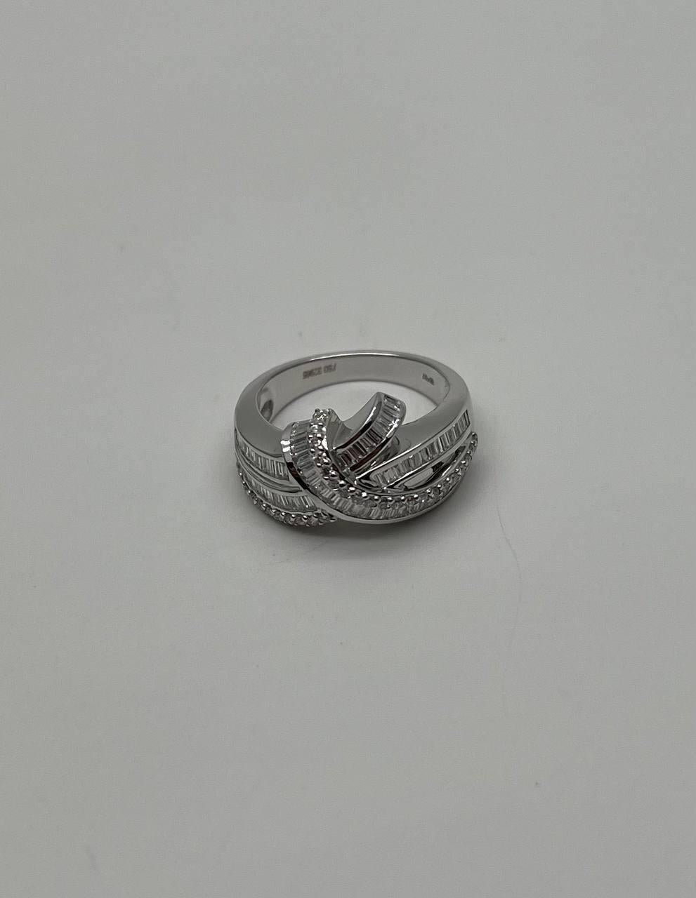 Diamond Baguette Channel Set Twist Waves 14K White Gold Statement Ring