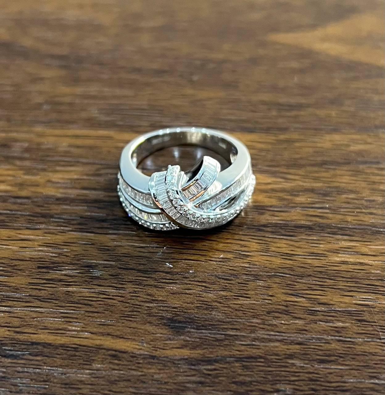 Diamond Baguette Channel Set Twist Waves 14K White Gold Statement Ring