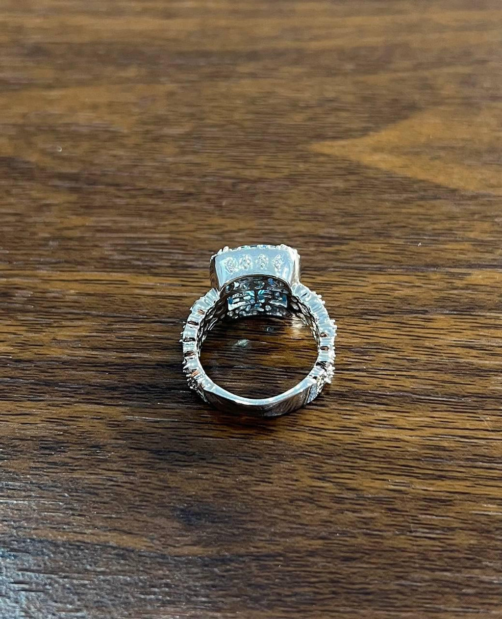 Cushion Shape Swiss Blue Topaz 14K White Gold Diamonds Halo Thick Band Ring