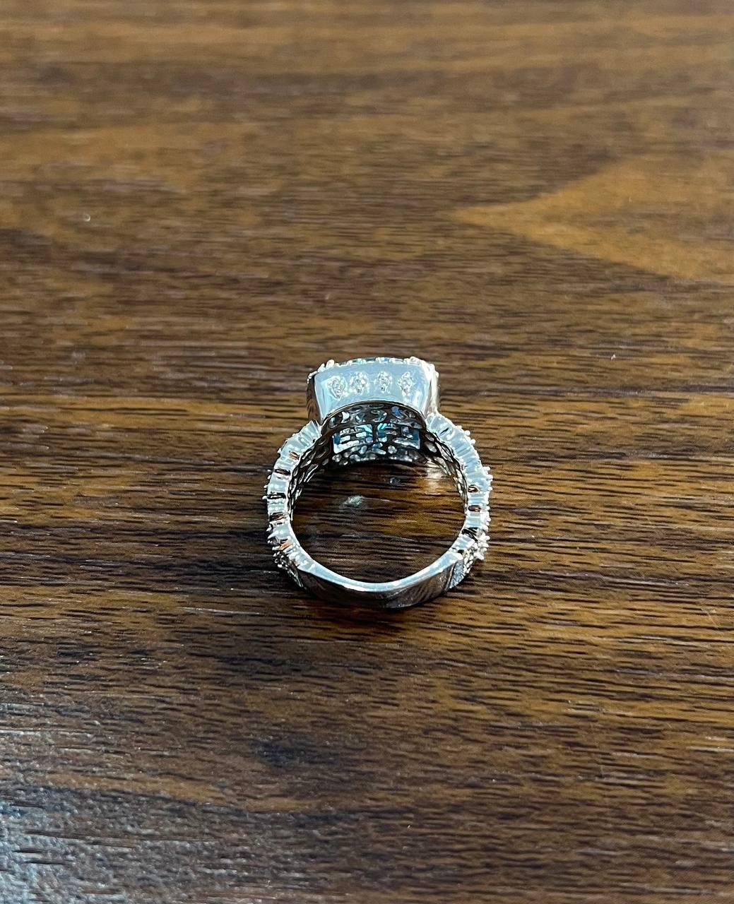 Cushion Shape Swiss Blue Topaz 14K White Gold Diamonds Halo Thick Band Ring