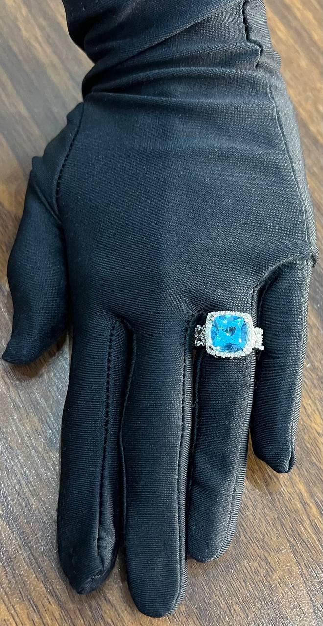 Cushion Shape Swiss Blue Topaz 14K White Gold Diamonds Halo Thick Band Ring