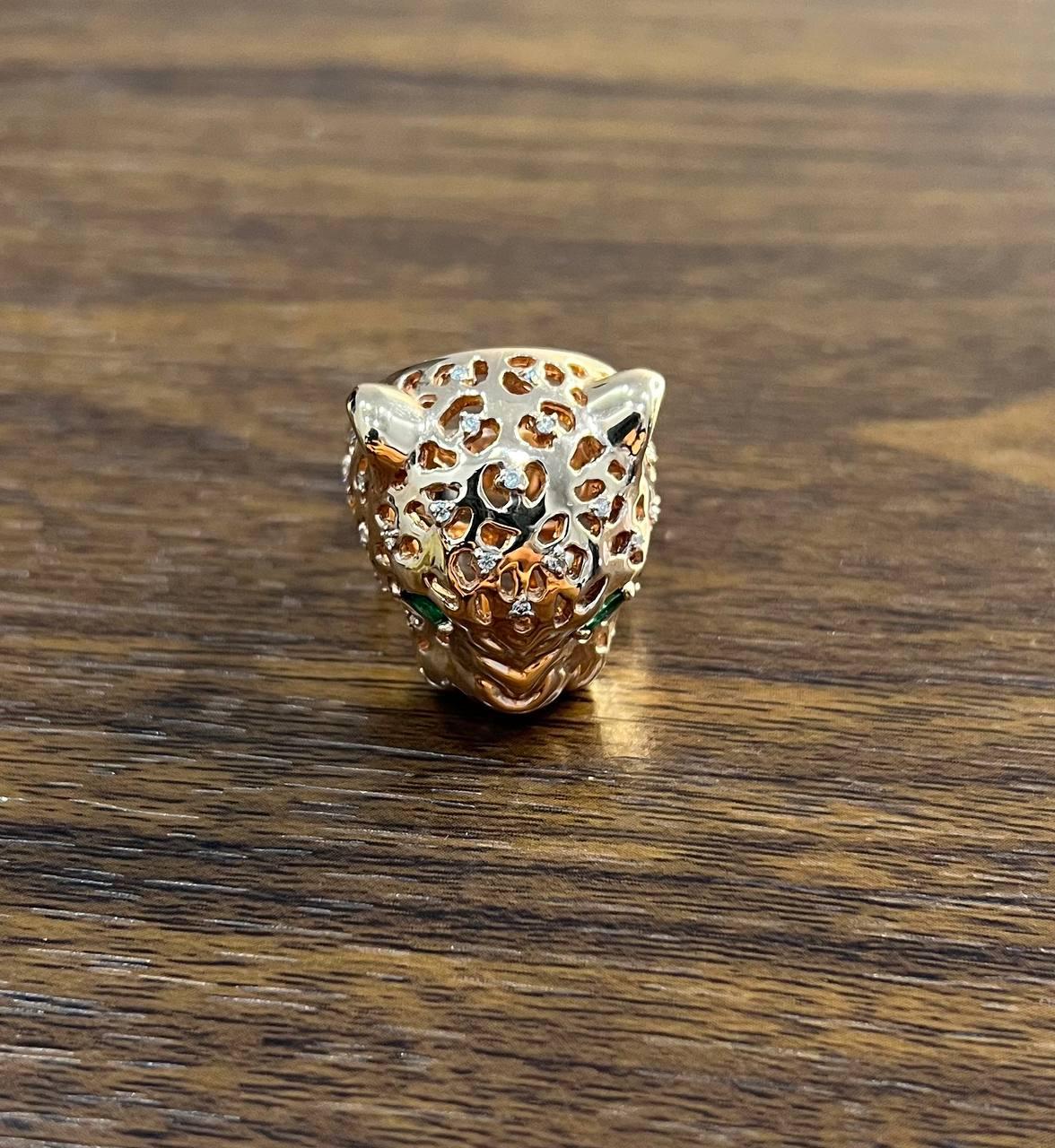 Panther Lioness Leopard Diamonds Jaguar Gold Statement Full Finger Emerald Ring