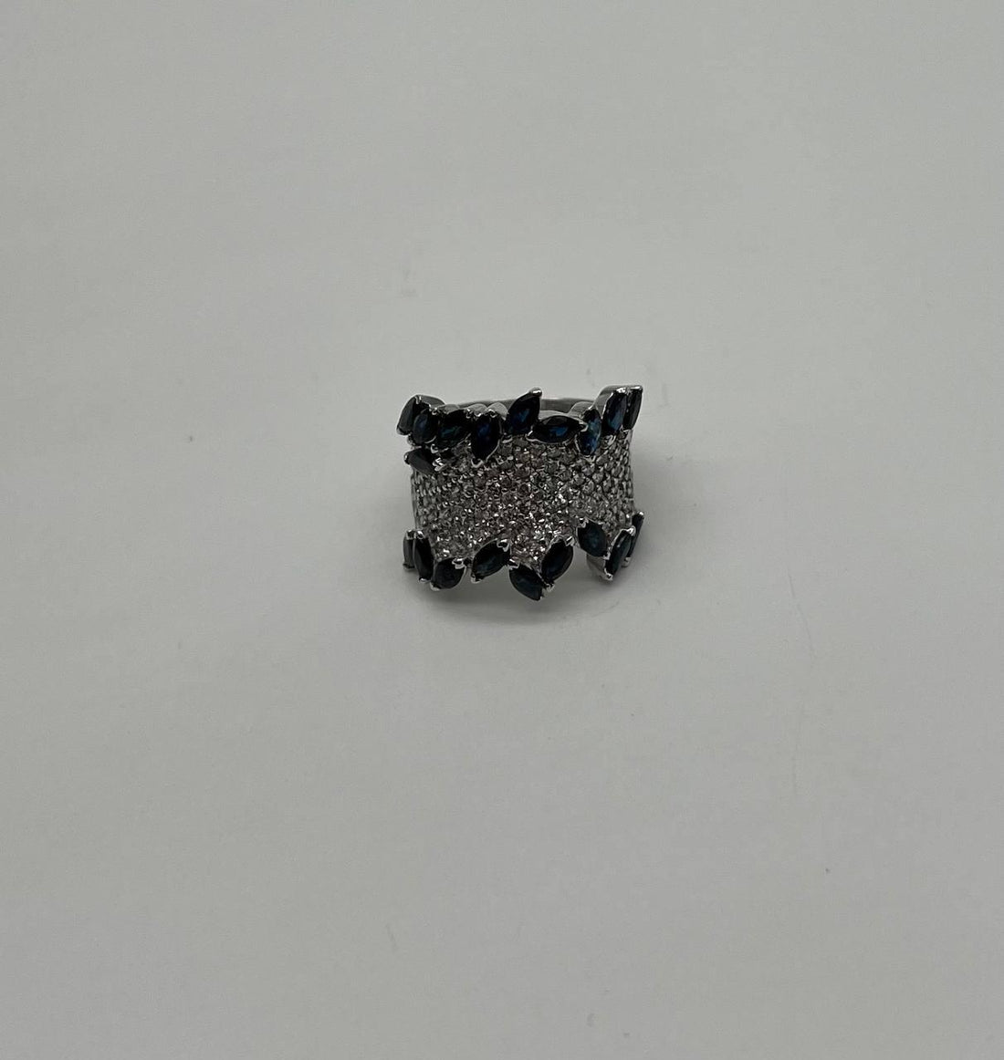 Blue Sapphire Marquise Shape Diamond Pave Set 14K White Gold Statement Band Ring