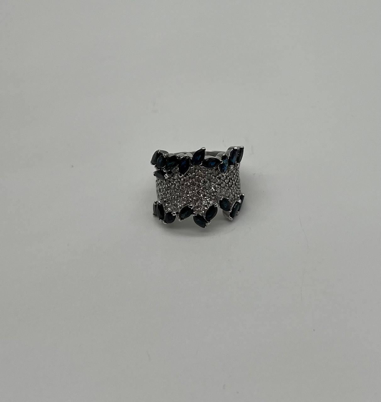 Blue Sapphire Marquise Shape Diamond Pave Set 14K White Gold Statement Band Ring