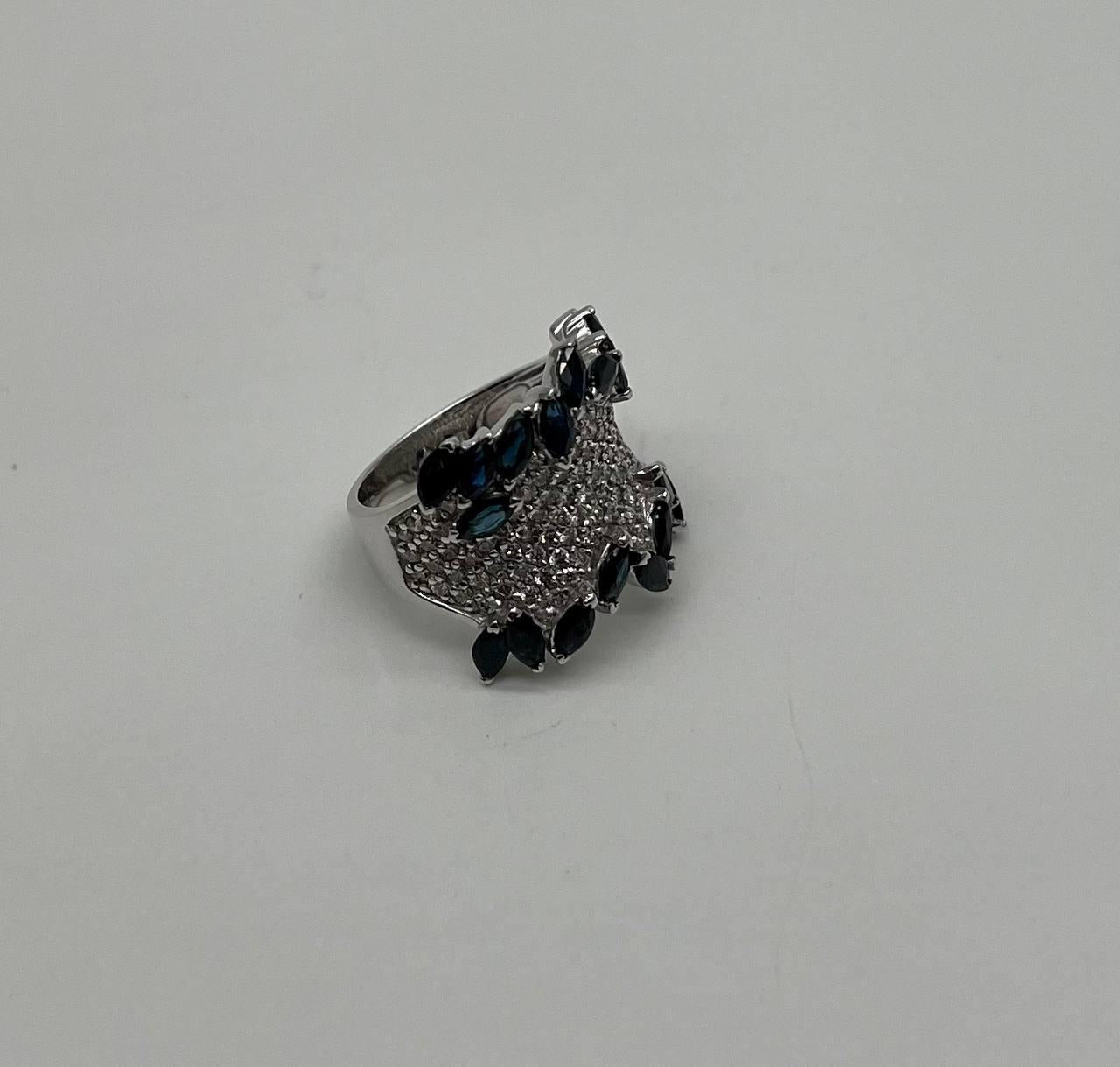 Blue Sapphire Marquise Shape Diamond Pave Set 14K White Gold Statement Band Ring