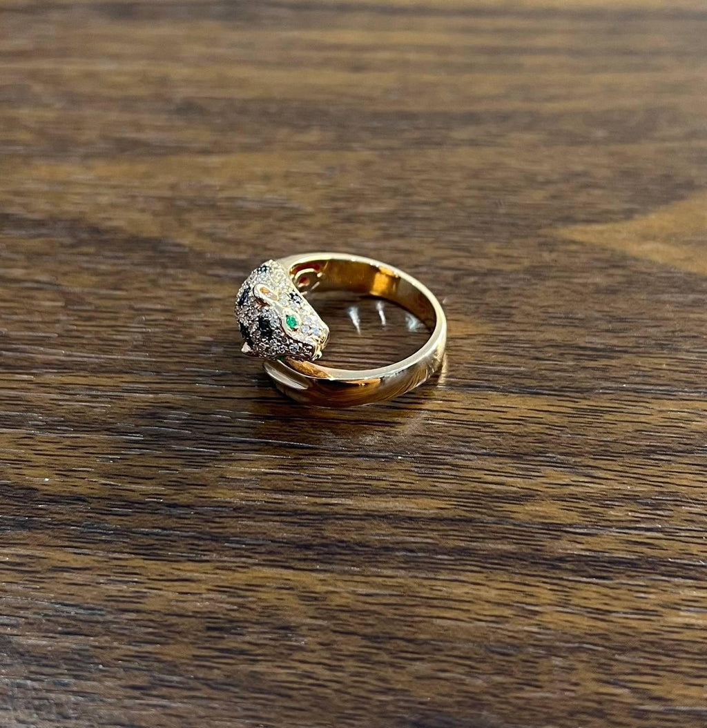 Spotted Leopard Panther Jaguar Diamond Pave 14K Rose Gold Emerald Eyes Ring