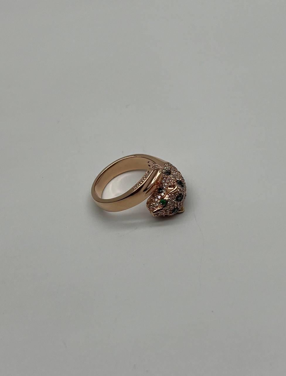 Diamond Leopard Jaguar Panther Pave Set 14K Rose Gold Emerald Eyes Cocktail Ring