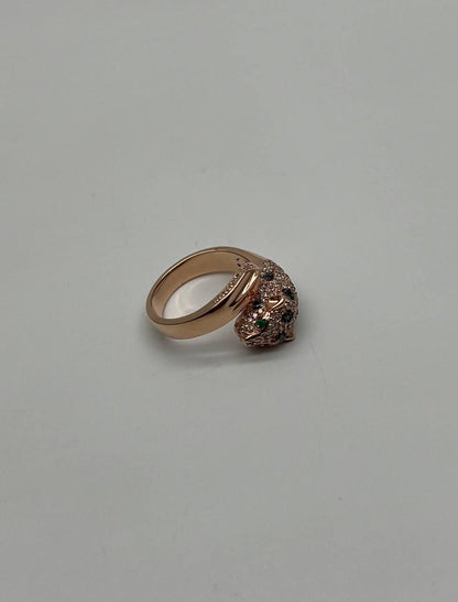 Spotted Leopard Panther Jaguar Diamond Pave 14K Rose Gold Emerald Eyes Ring
