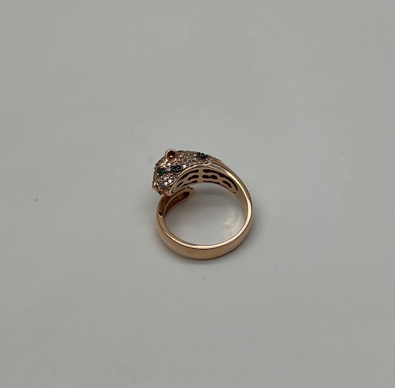 Spotted Leopard Panther Jaguar Diamond Pave 14K Rose Gold Emerald Eyes Ring