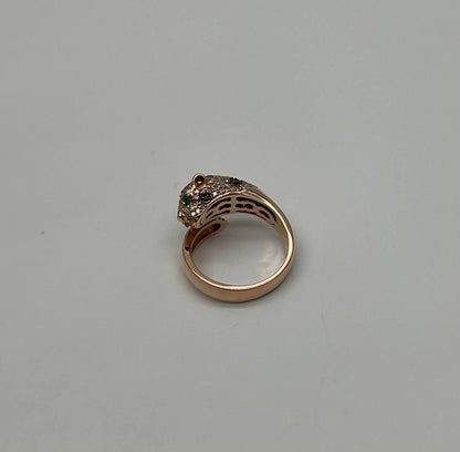 Spotted Leopard Panther Jaguar Diamond Pave 14K Rose Gold Emerald Eyes Ring