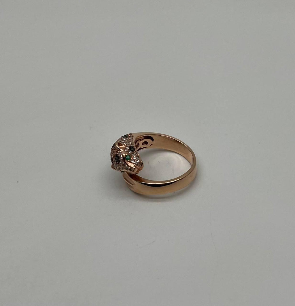 Spotted Leopard Panther Jaguar Diamond Pave 14K Rose Gold Emerald Eyes Ring
