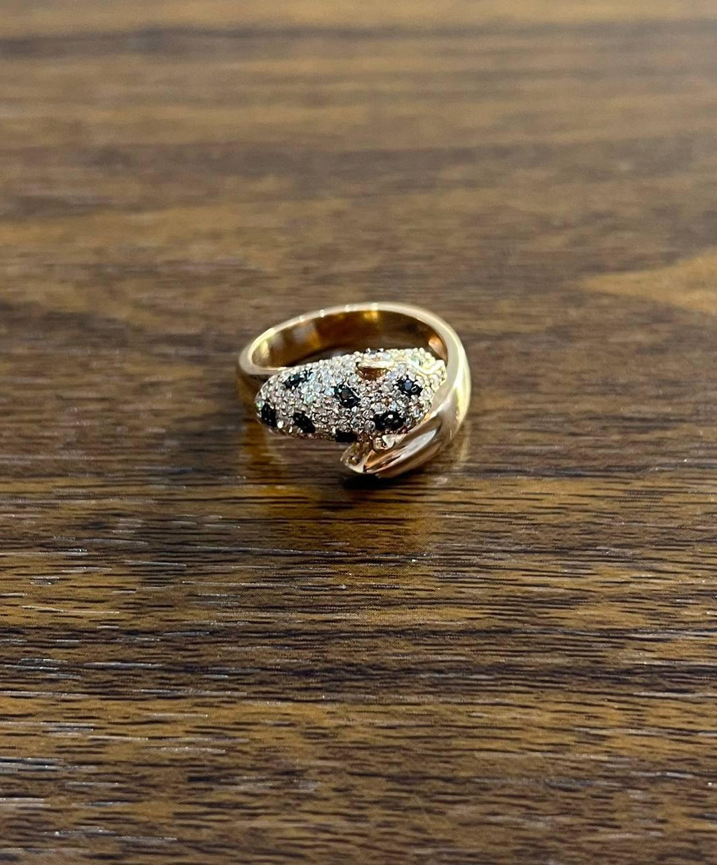 Spotted Leopard Panther Jaguar Diamond Pave 14K Rose Gold Emerald Eyes Ring