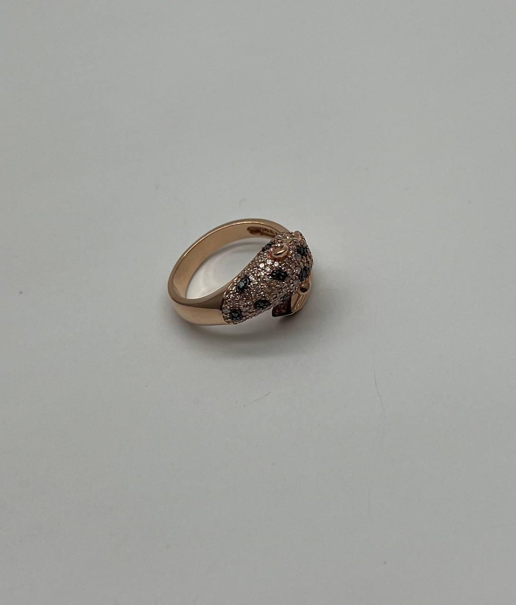 Spotted Leopard Panther Jaguar Diamond Pave 14K Rose Gold Emerald Eyes Ring