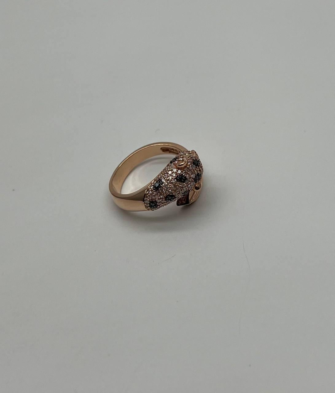 Spotted Leopard Panther Jaguar Diamond Pave 14K Rose Gold Emerald Eyes Ring