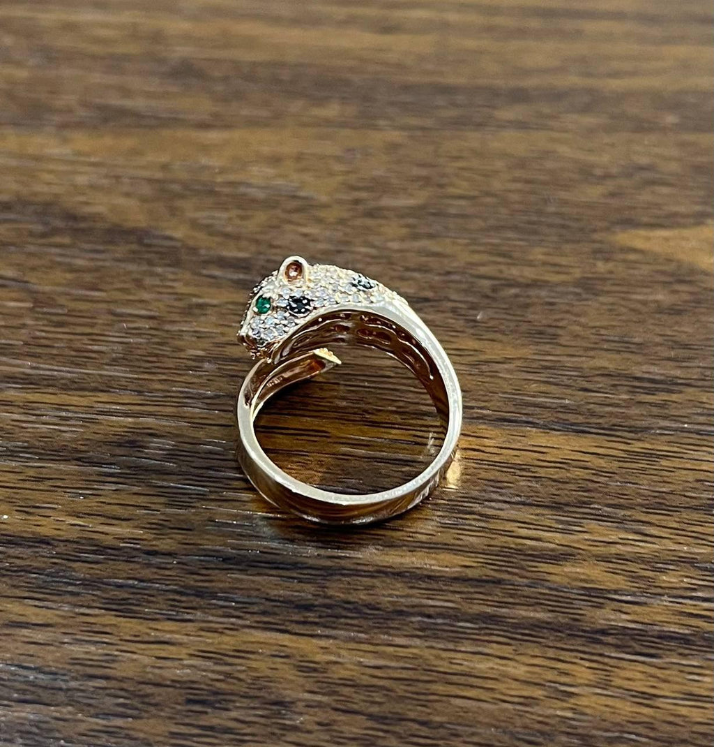Diamond Leopard Jaguar Panther Pave Set 14K Rose Gold Emerald Eyes Cocktail Ring