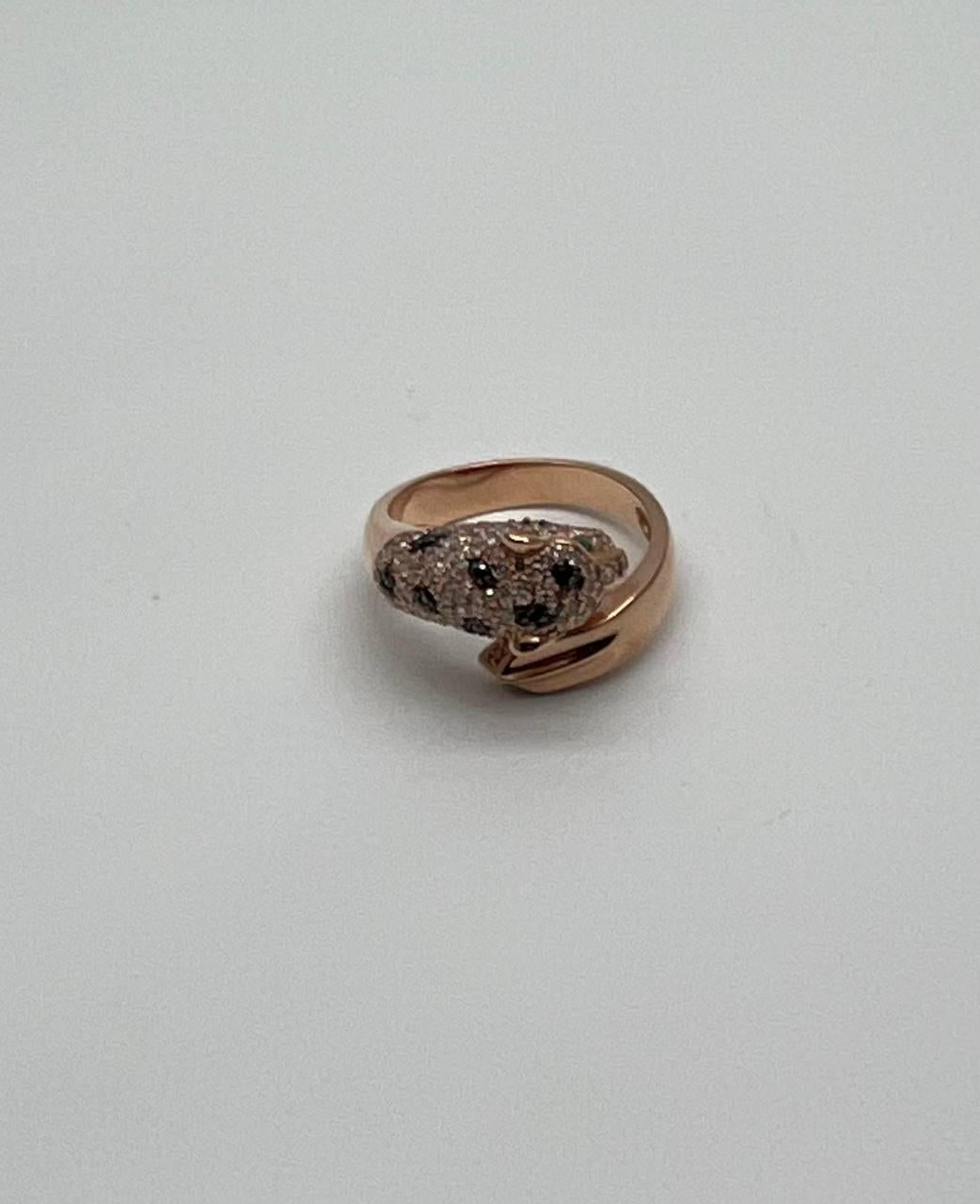 Spotted Leopard Panther Jaguar Diamond Pave 14K Rose Gold Emerald Eyes Ring