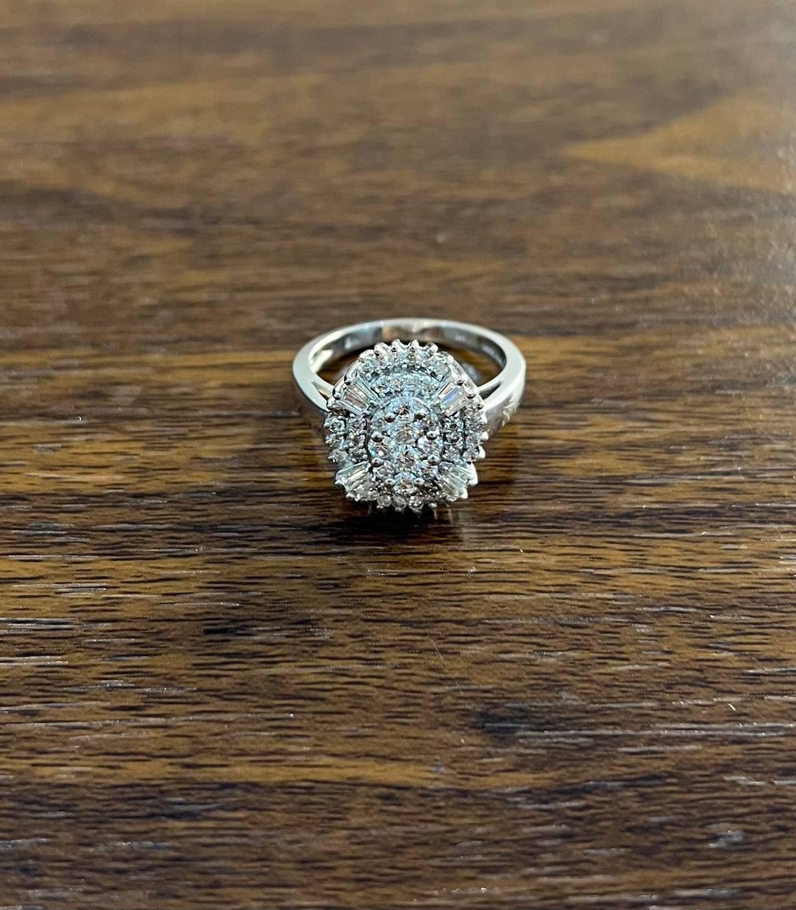 Brilliant Diamond Cluster Round Shape &amp; Baguette 14K White Gold Statement Ring