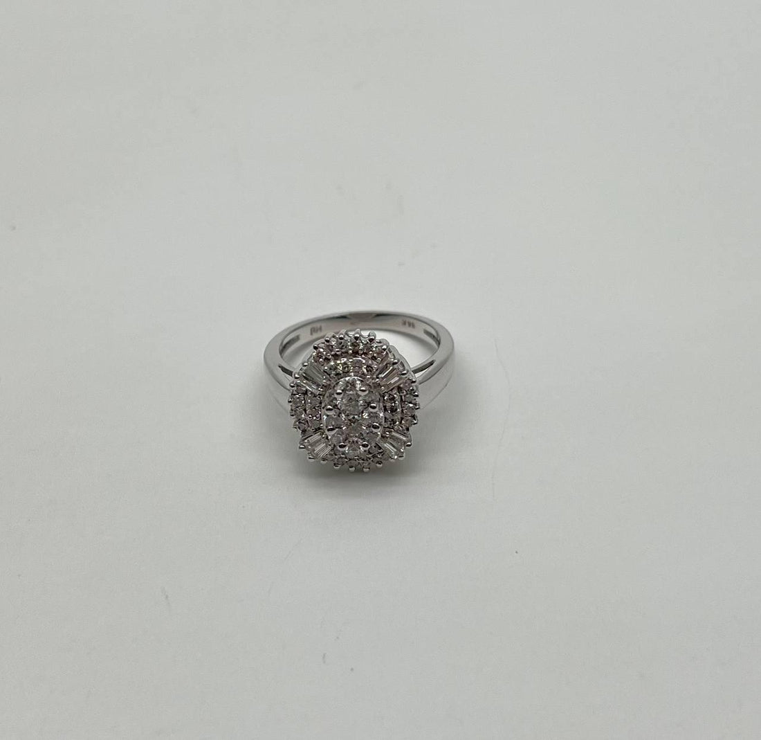 Brilliant Diamond Cluster Round Shape & Baguette 14K White Gold Statement Ring