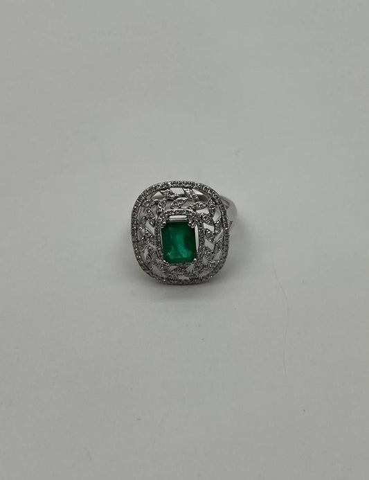 Green Emerald Diamonds Halo Lattice Scroll 14K White Gold Statement Classic Ring