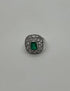 Green Emerald Diamonds Halo Lattice Scroll 14K White Gold Statement Classic Ring