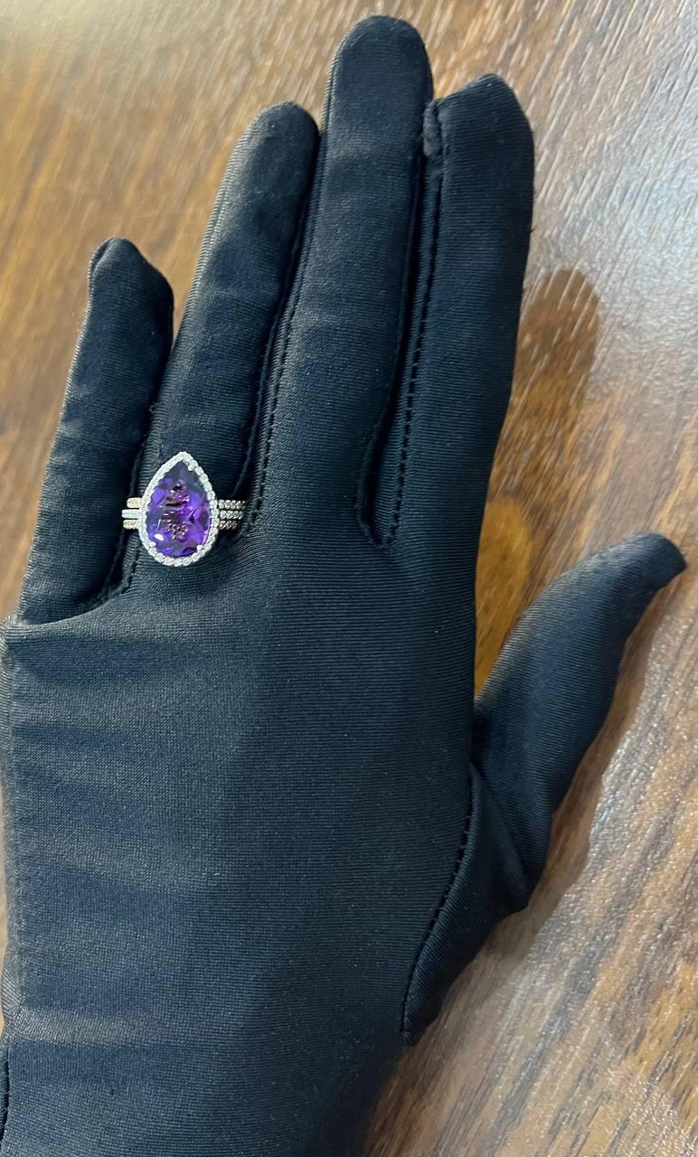 Pear Teardrop Shape Purple Violet Amethyst Diamond Halo 14K Gold Multiband Ring
