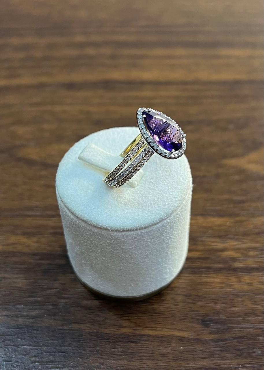 Pear Teardrop Shape Purple Violet Amethyst Diamond Halo 14K Gold Multiband Ring