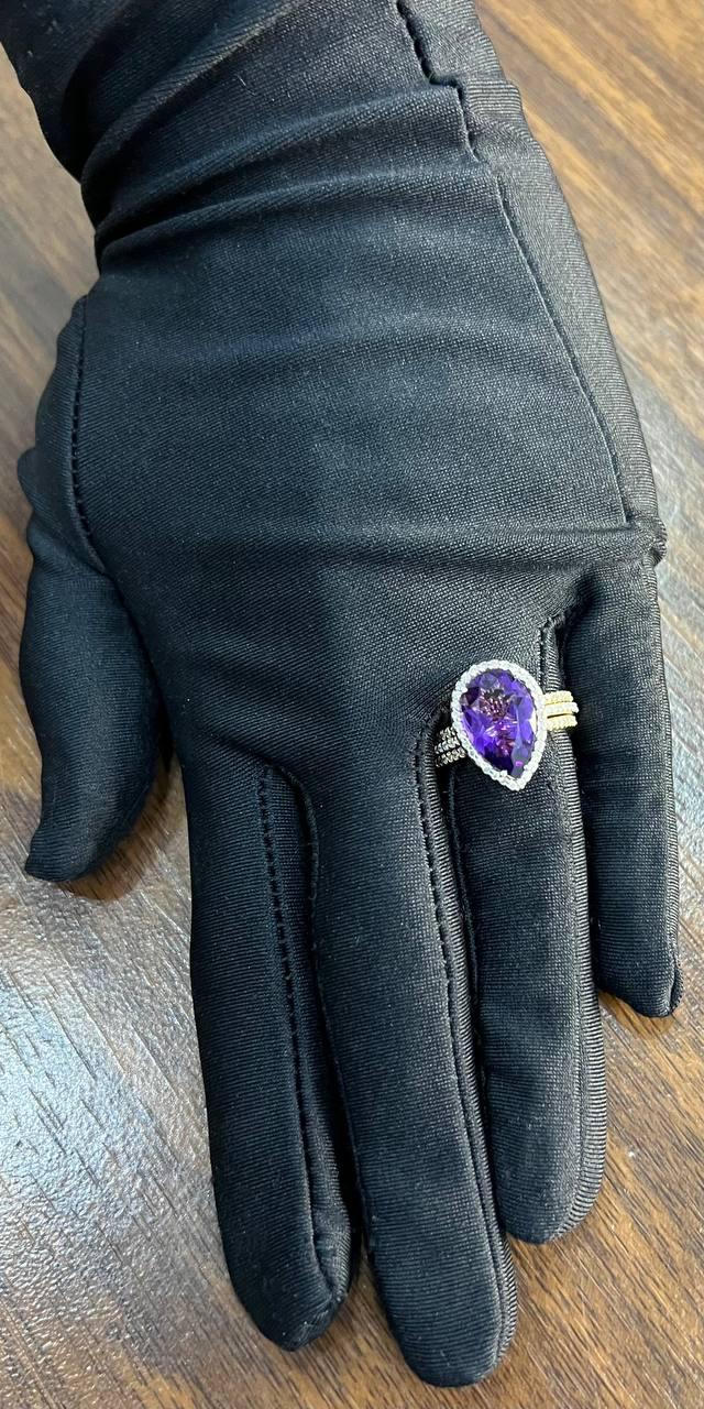 Pear Teardrop Shape Purple Violet Amethyst Diamond Halo 14K Gold Multiband Ring