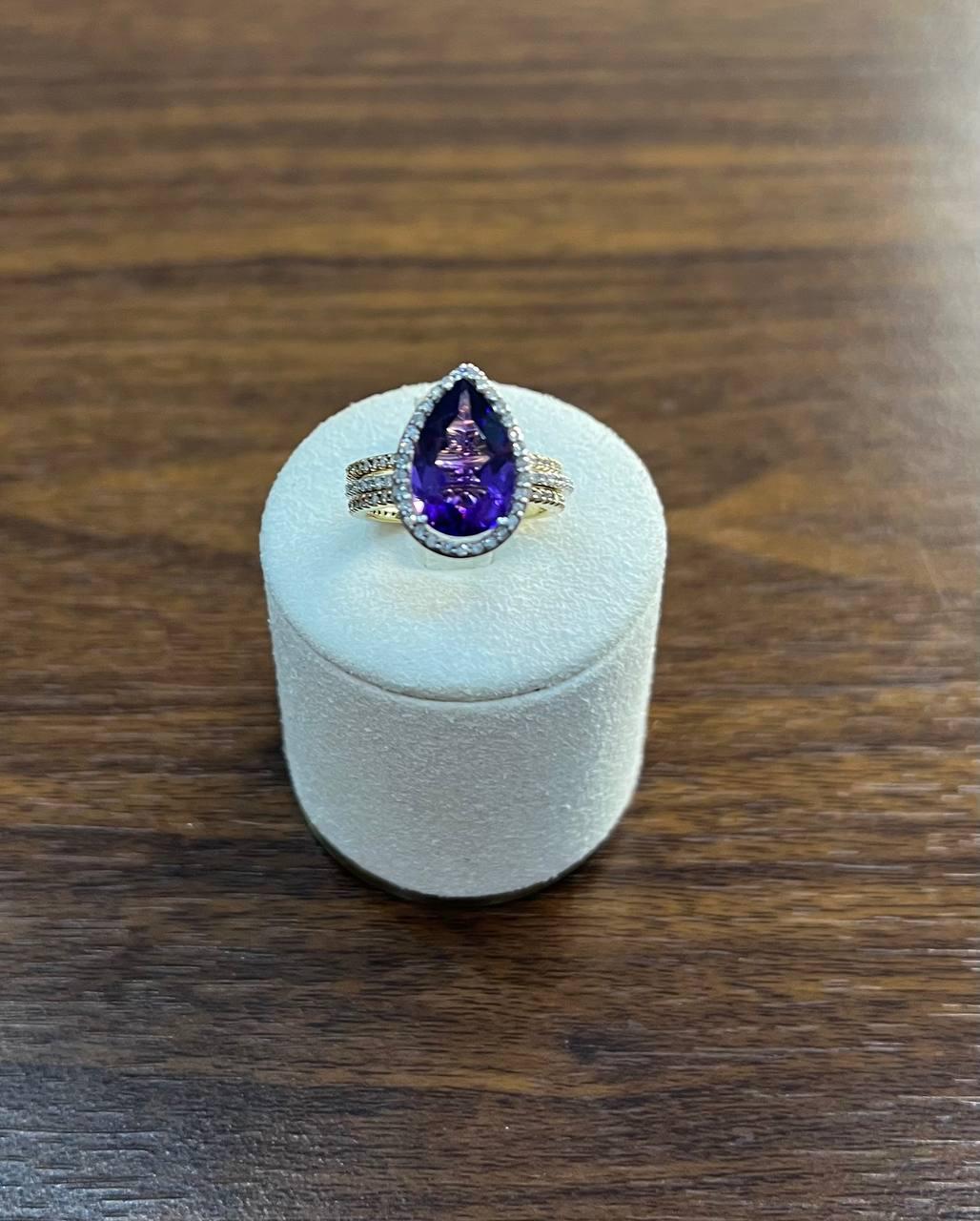 Pear Teardrop Shape Purple Violet Amethyst Diamond Halo 14K Gold Multiband Ring