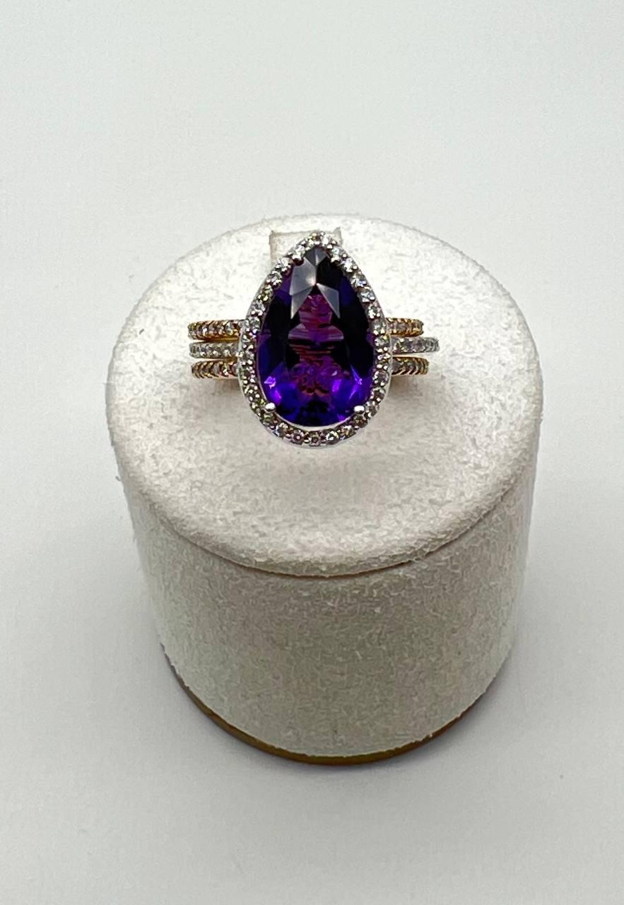 Pear Teardrop Shape Purple Violet Amethyst Diamond Halo 14K Gold Multiband Ring