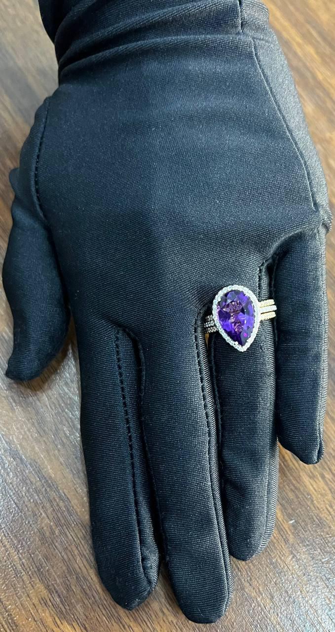 pear teardrop shape purple violet amethyst diamond halo 14k gold multiband ring