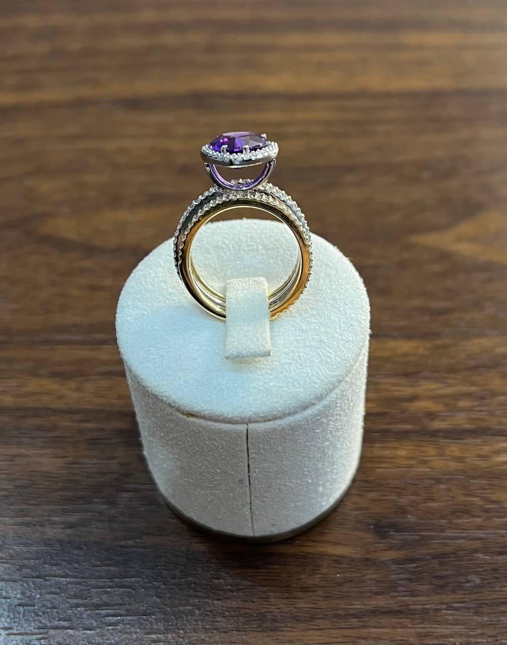 Pear Teardrop Shape Purple Violet Amethyst Diamond Halo 14K Gold Multiband Ring