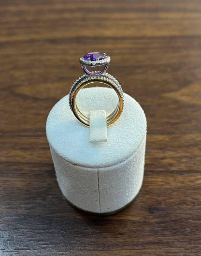 Pear Teardrop Shape Purple Violet Amethyst Diamond Halo 14K Gold Multiband Ring