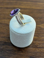 Pear Teardrop Shape Purple Violet Amethyst Diamond Halo 14K Gold Multiband Ring