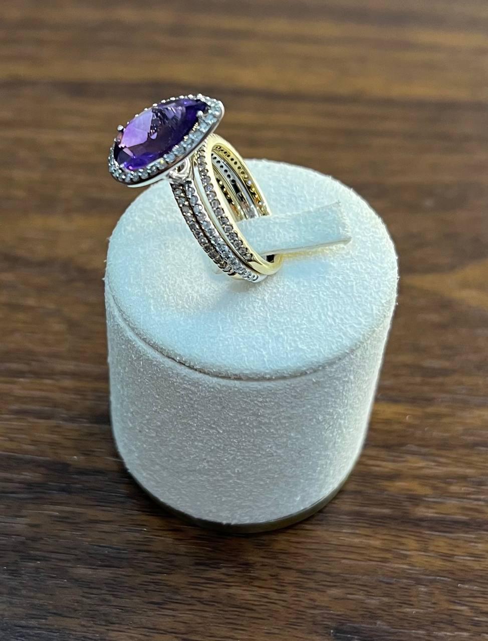 Pear Teardrop Shape Purple Violet Amethyst Diamond Halo 14K Gold Multiband Ring