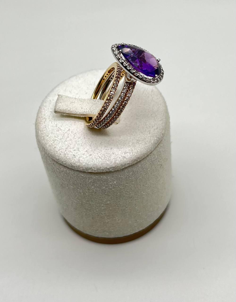 Pear Teardrop Shape Purple Violet Amethyst Diamond Halo 14K Gold Multiband Ring