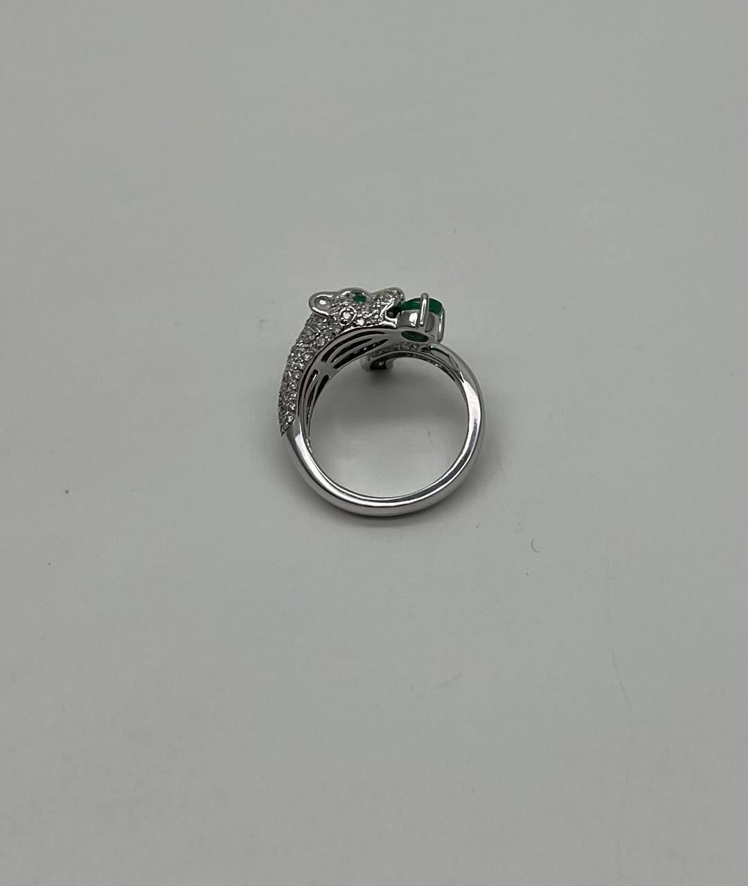 White Snow Leopard Panther Diamond Pave Set Emerald Eyes 14K White Gold Ring
