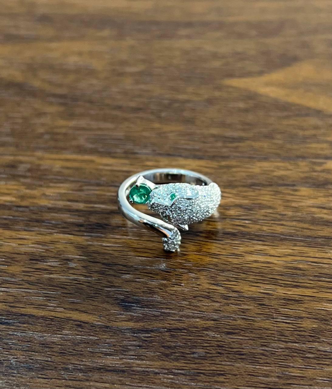 white snow leopard panther diamond pave set emerald eyes 14k white gold ring