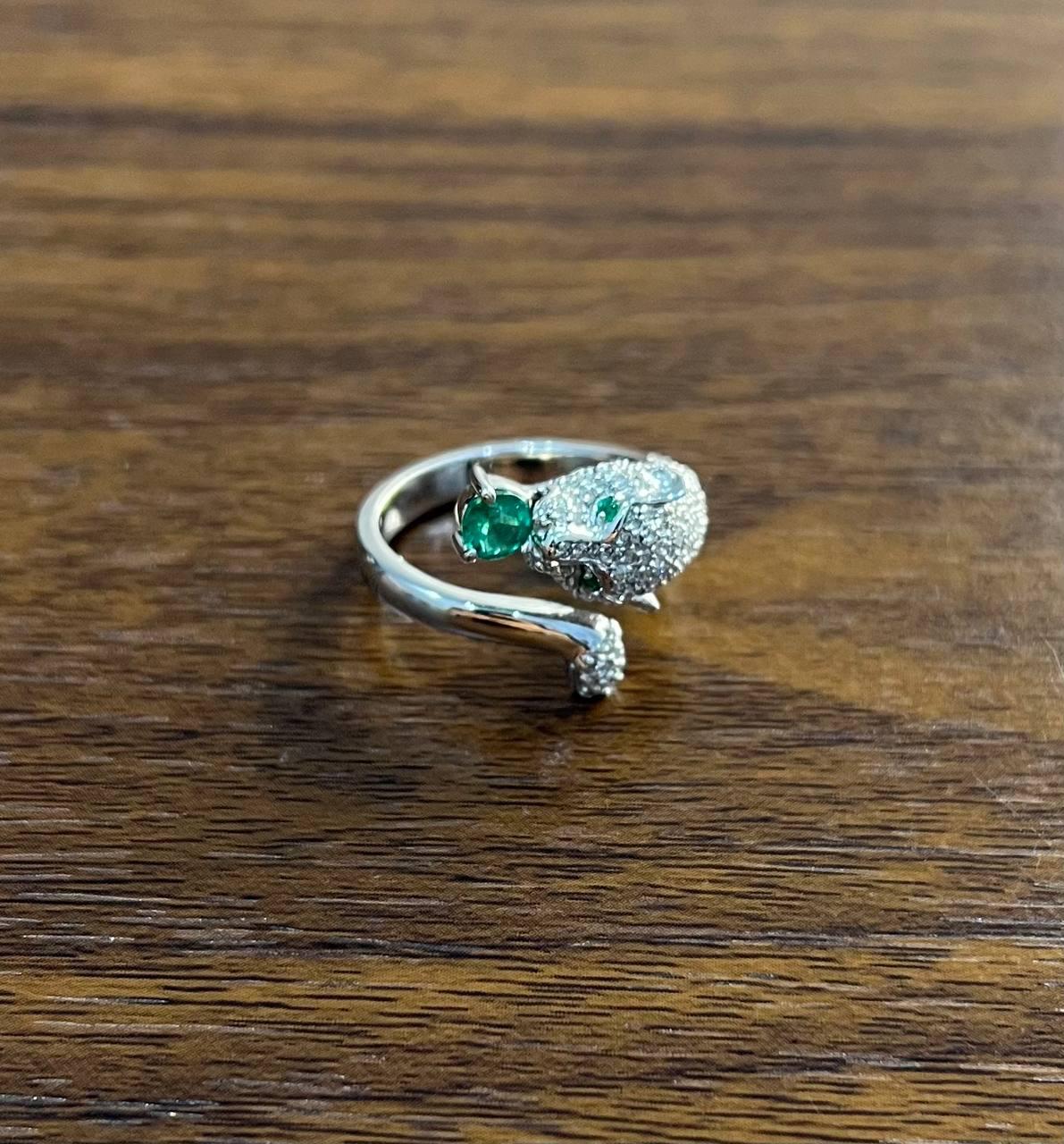 white snow leopard panther diamond pave set emerald eyes 14k white gold ring