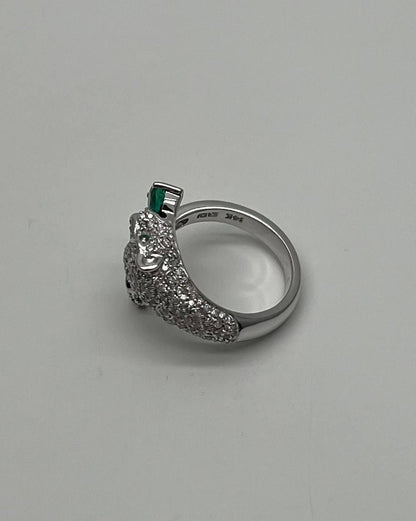 White Snow Leopard Panther Diamond Pave Set Emerald Eyes 14K White Gold Ring