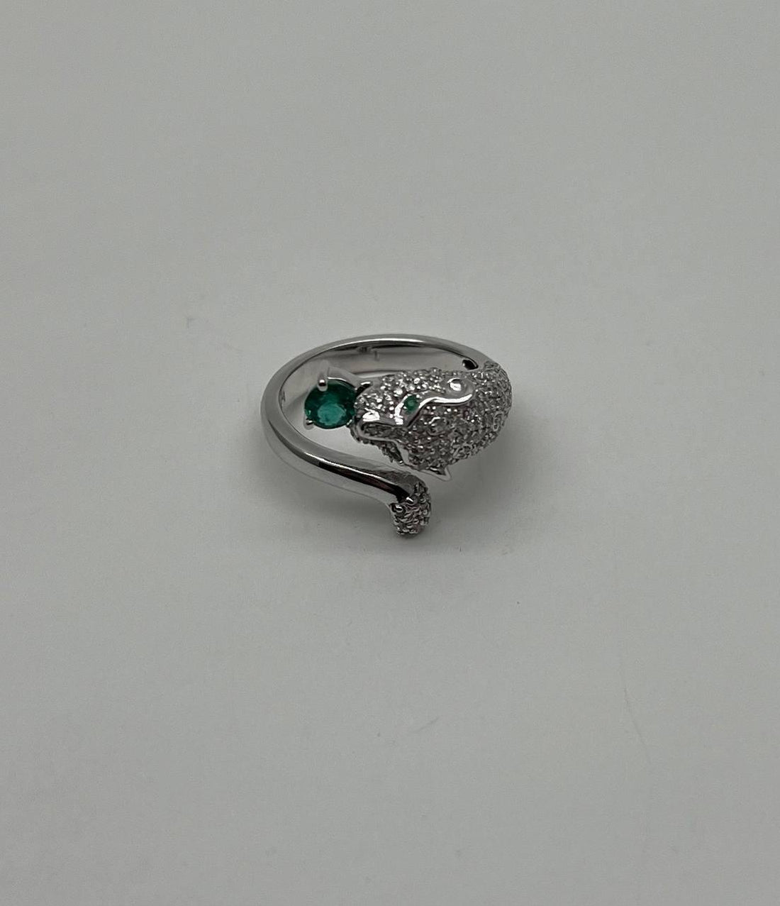 White Snow Leopard Panther Diamond Pave Set Emerald Eyes 14K White Gold Ring