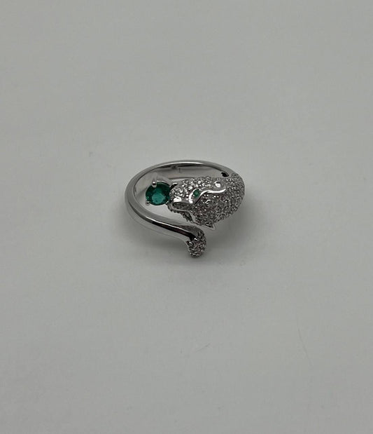 White Snow Leopard Panther Diamond Pave Set Emerald Eyes 14K White Gold Ring